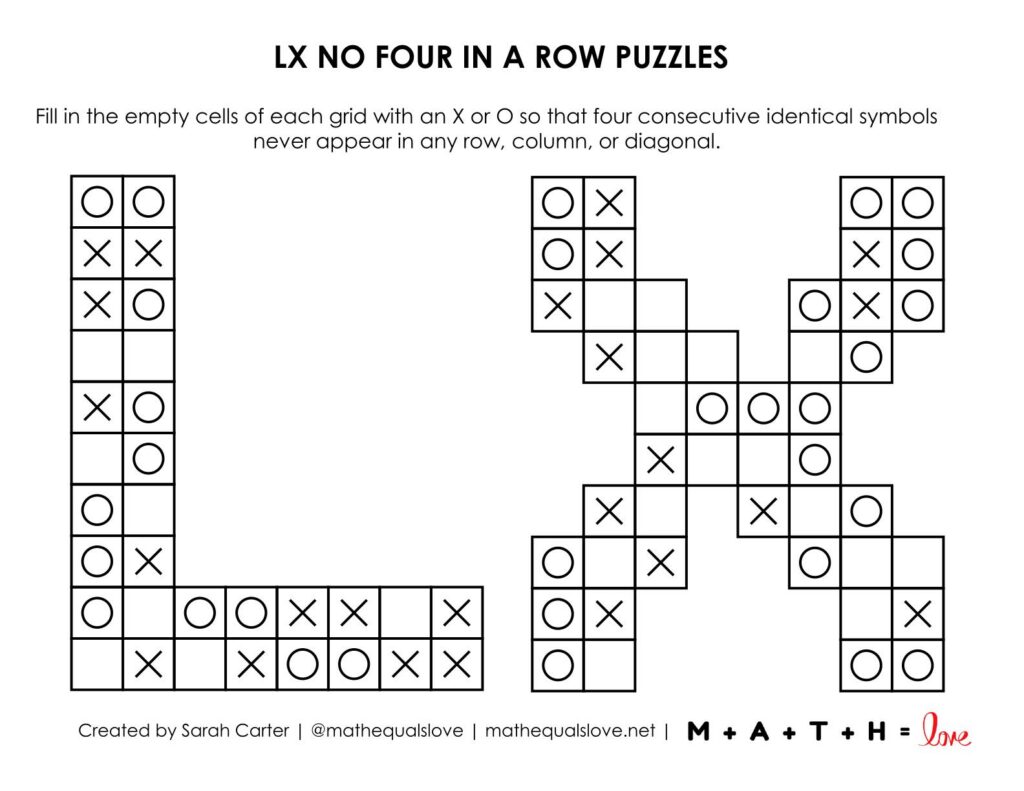 lx no four in a row puzzles for the super bowl.