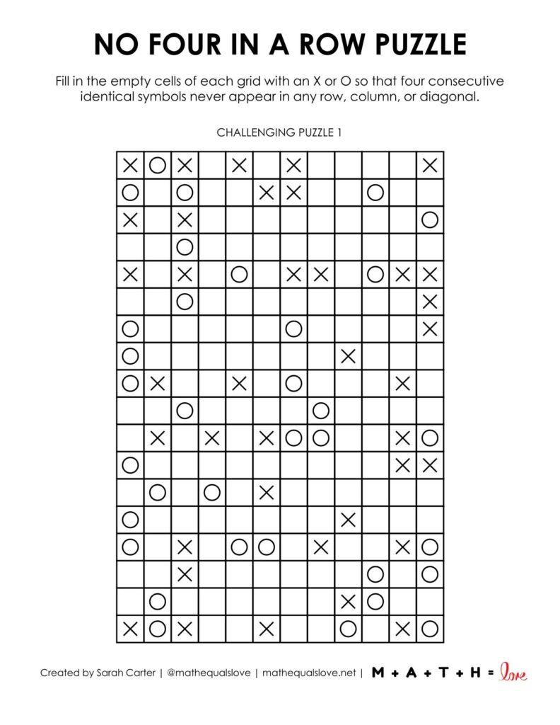 12x18 no four in a row puzzle rectangular full page level challenging.