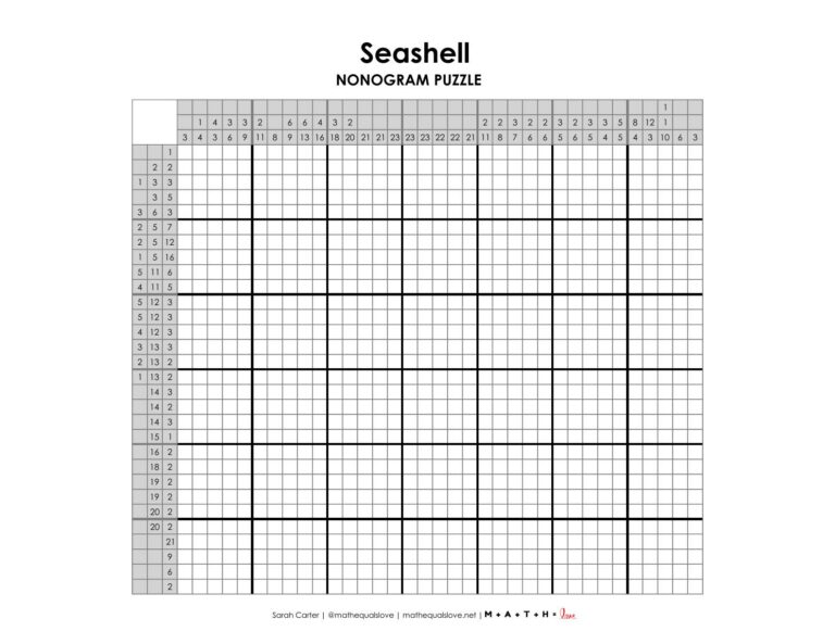 Seashell Hidden Math Seashell Nonogram Puzzle | Math = Love