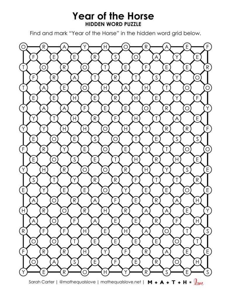 screenshot of year of the horse hidden word puzzle for chinese new year.