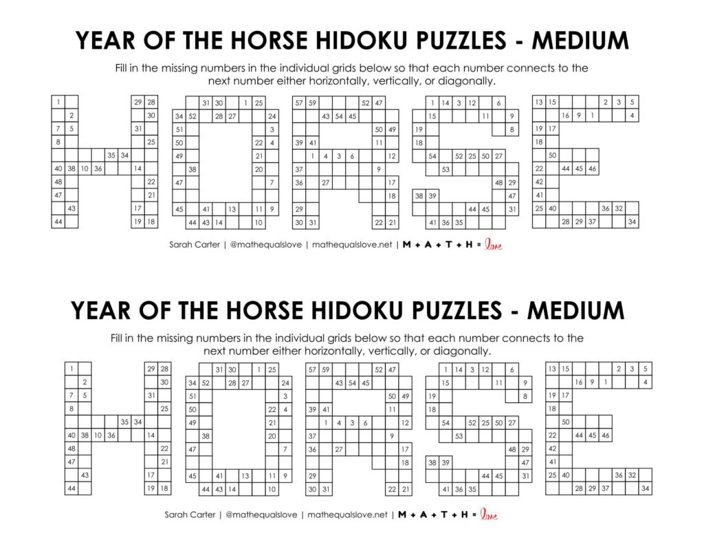 year of the horse hidoku puzzles level medium.