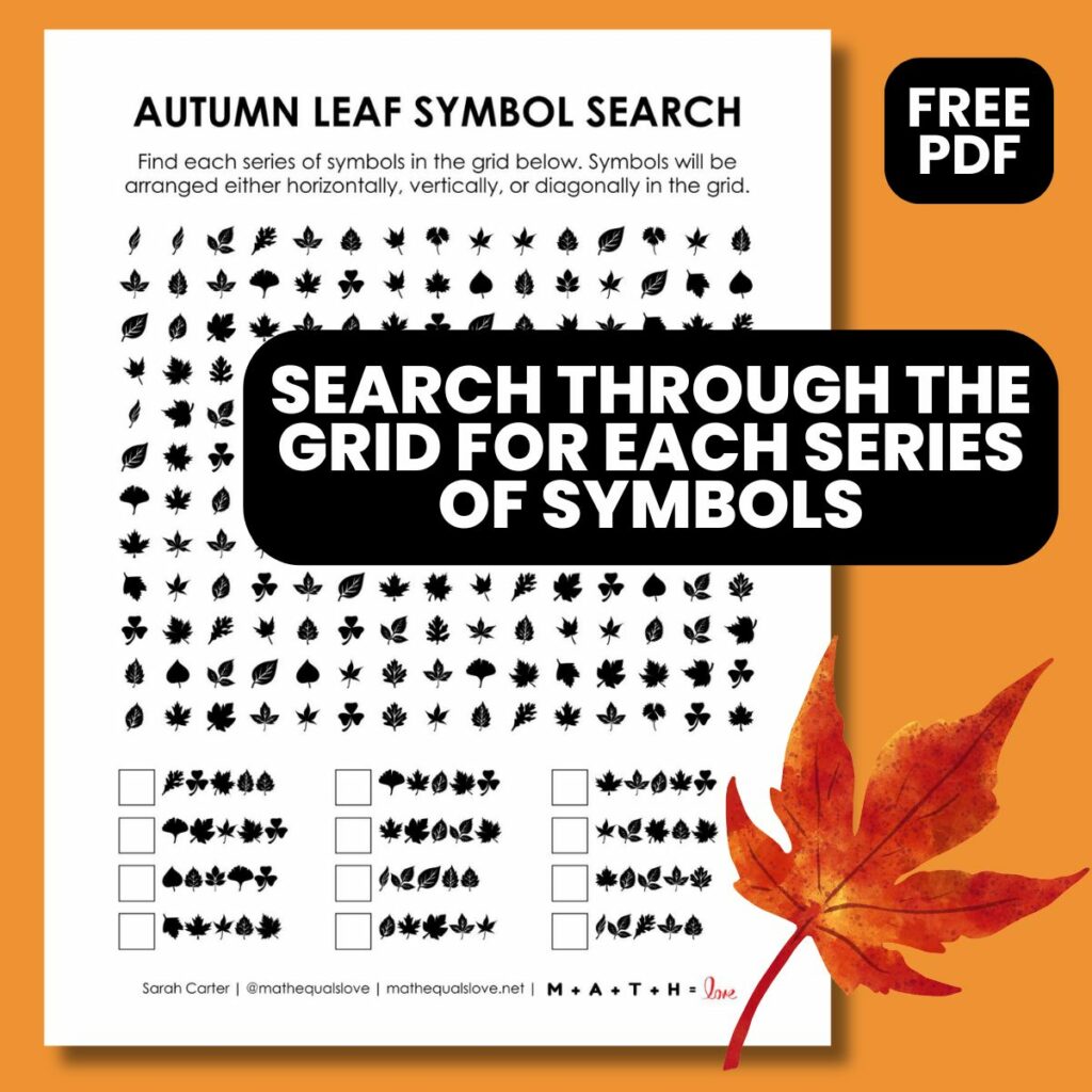autumn leaf symbol search puzzle for fall.