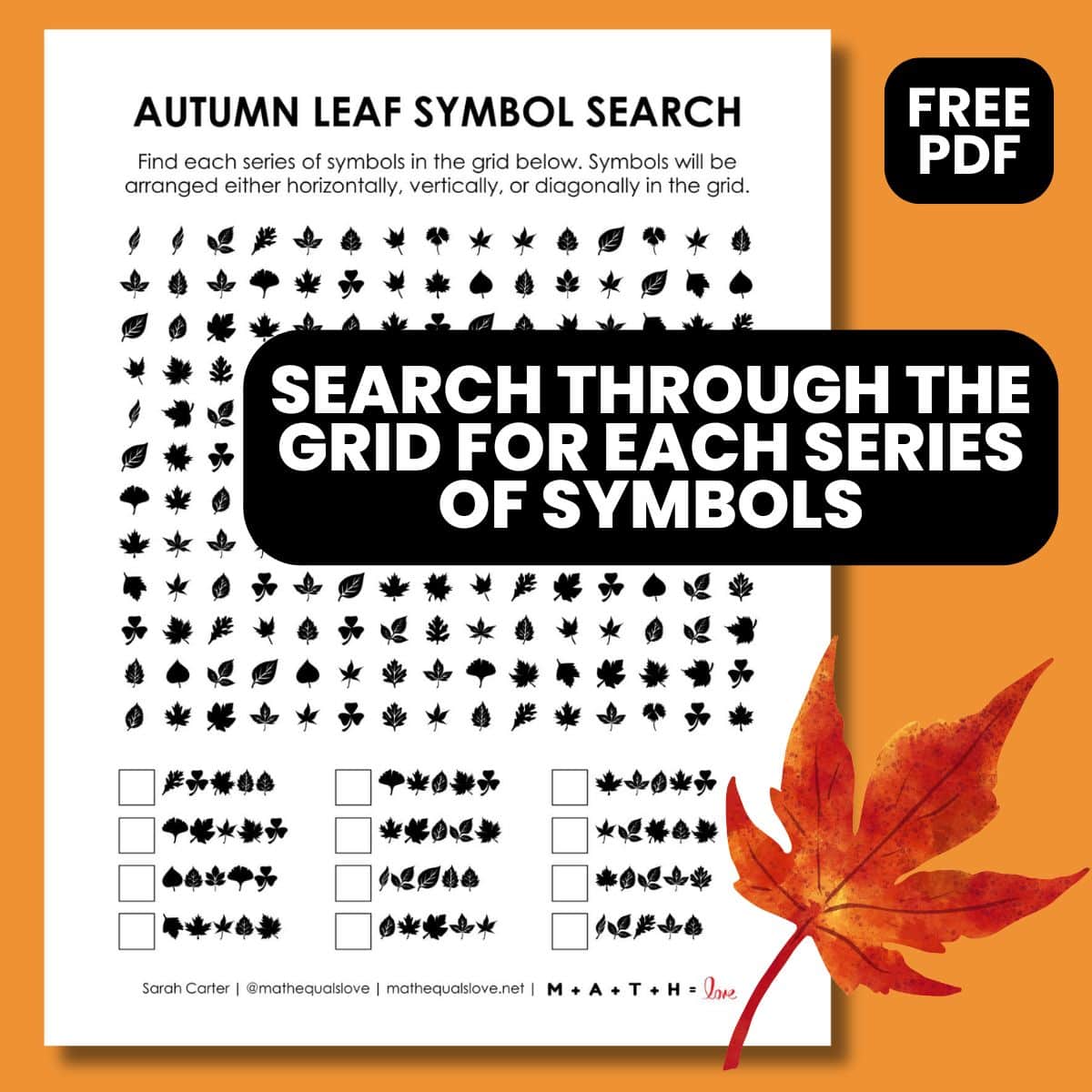 autumn leaf symbol search puzzle for fall.
