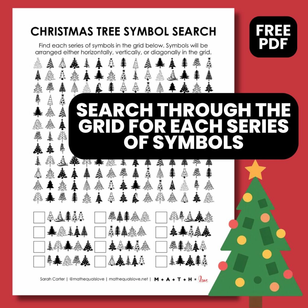 christmas tree symbol search puzzle worksheet.