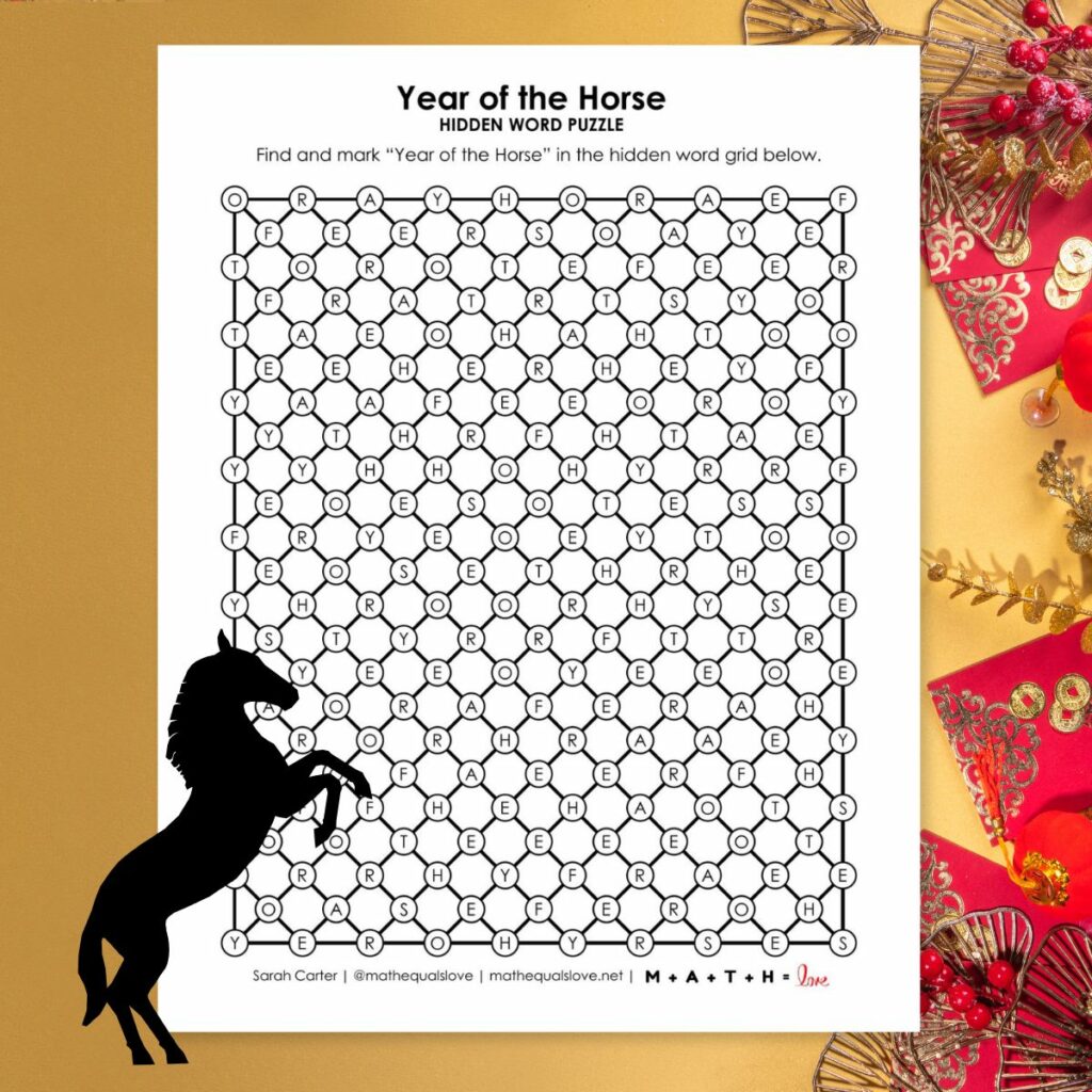 year of the horse hidden word puzzle for the lunar new year.