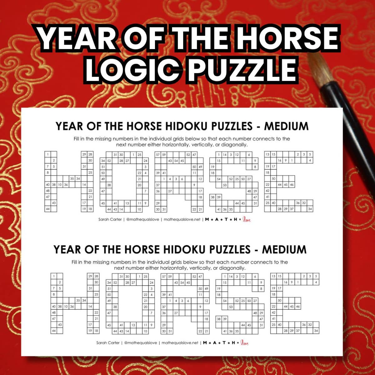 year of the horse hidoku logic puzzle for lunar new year.