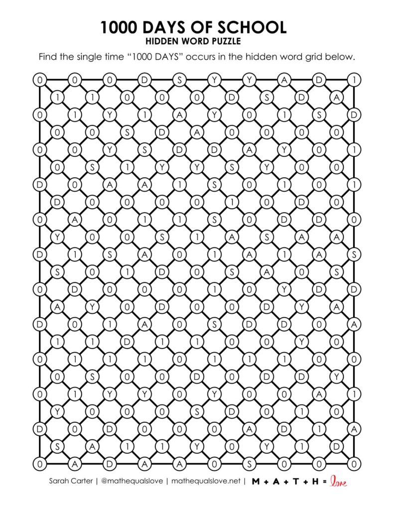 1000 days of school hidden word puzzle for fifth grade.