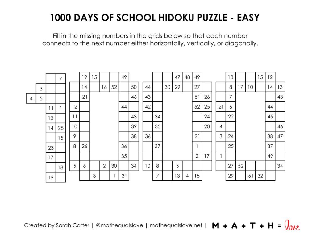 easy level of 1000 day of school hidoku puzzles.