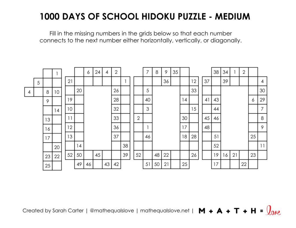 medium level of 1000 days of school hidoku puzzles.