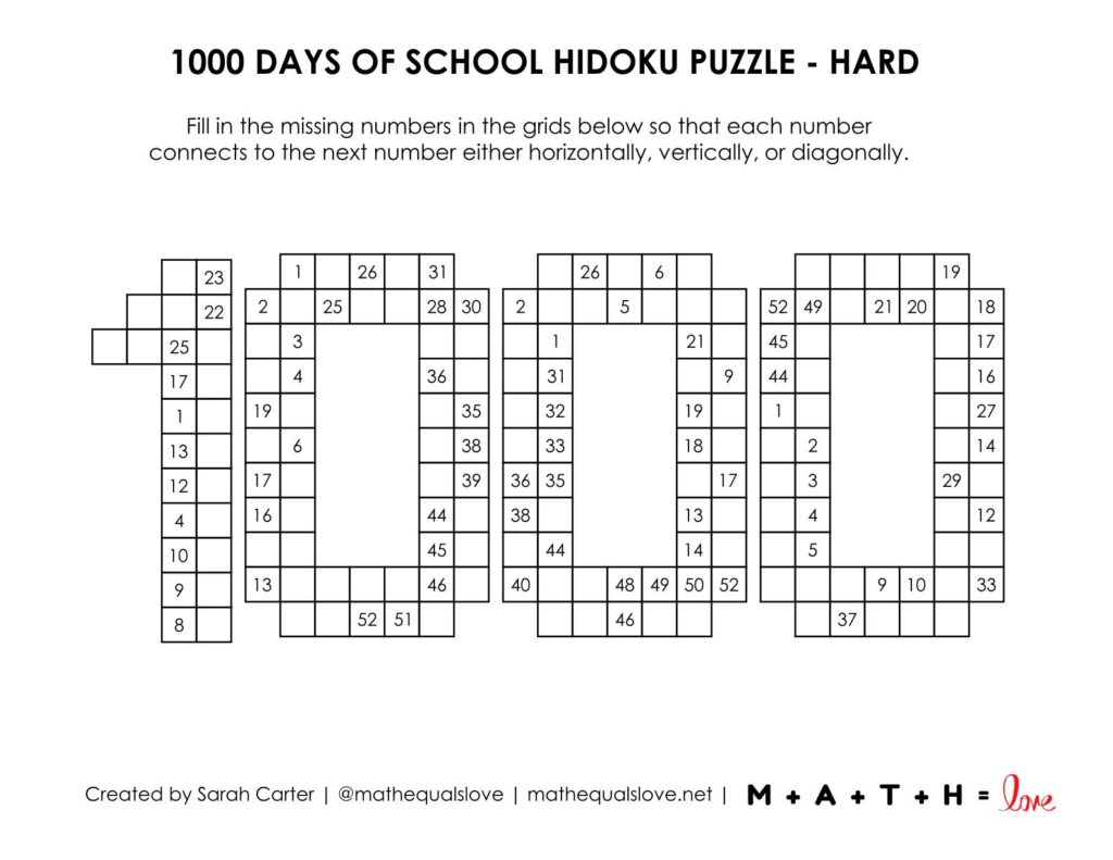 hard level of 1000 days of school hidoku puzzles.