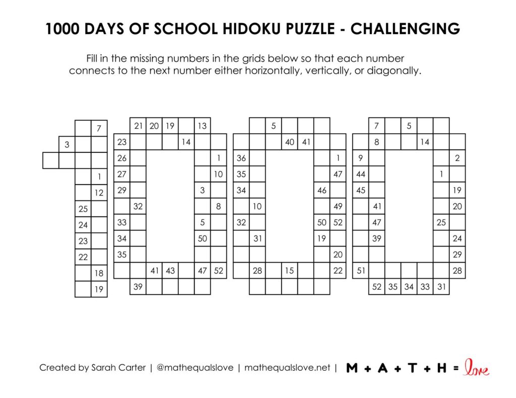 challenging level of 1000 days of school hidoku puzzles.