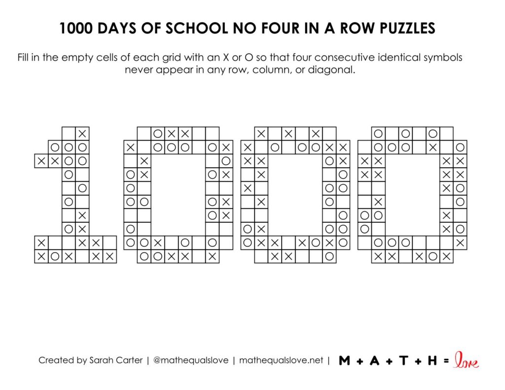 1000 days of school fifth grade no four in a row puzzle activity.