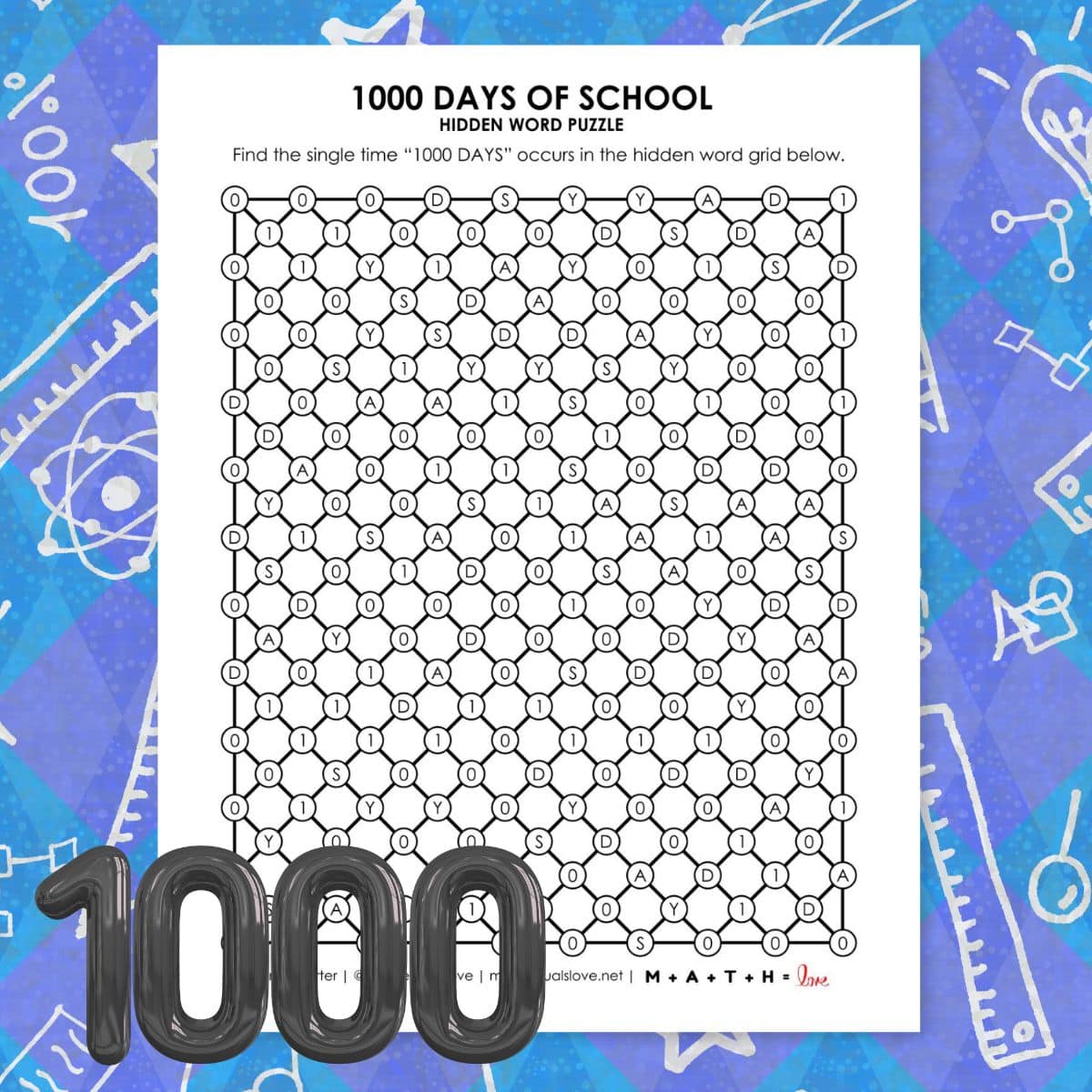 1000 days of school hidden word puzzle activity for 5th graders.