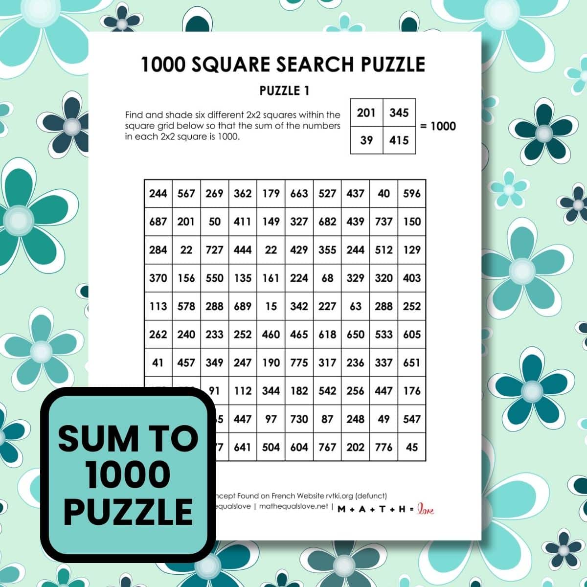 1000 square search math puzzles.