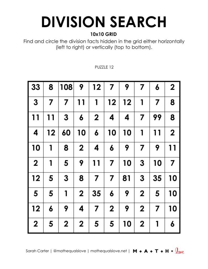 10x10 division search puzzle.