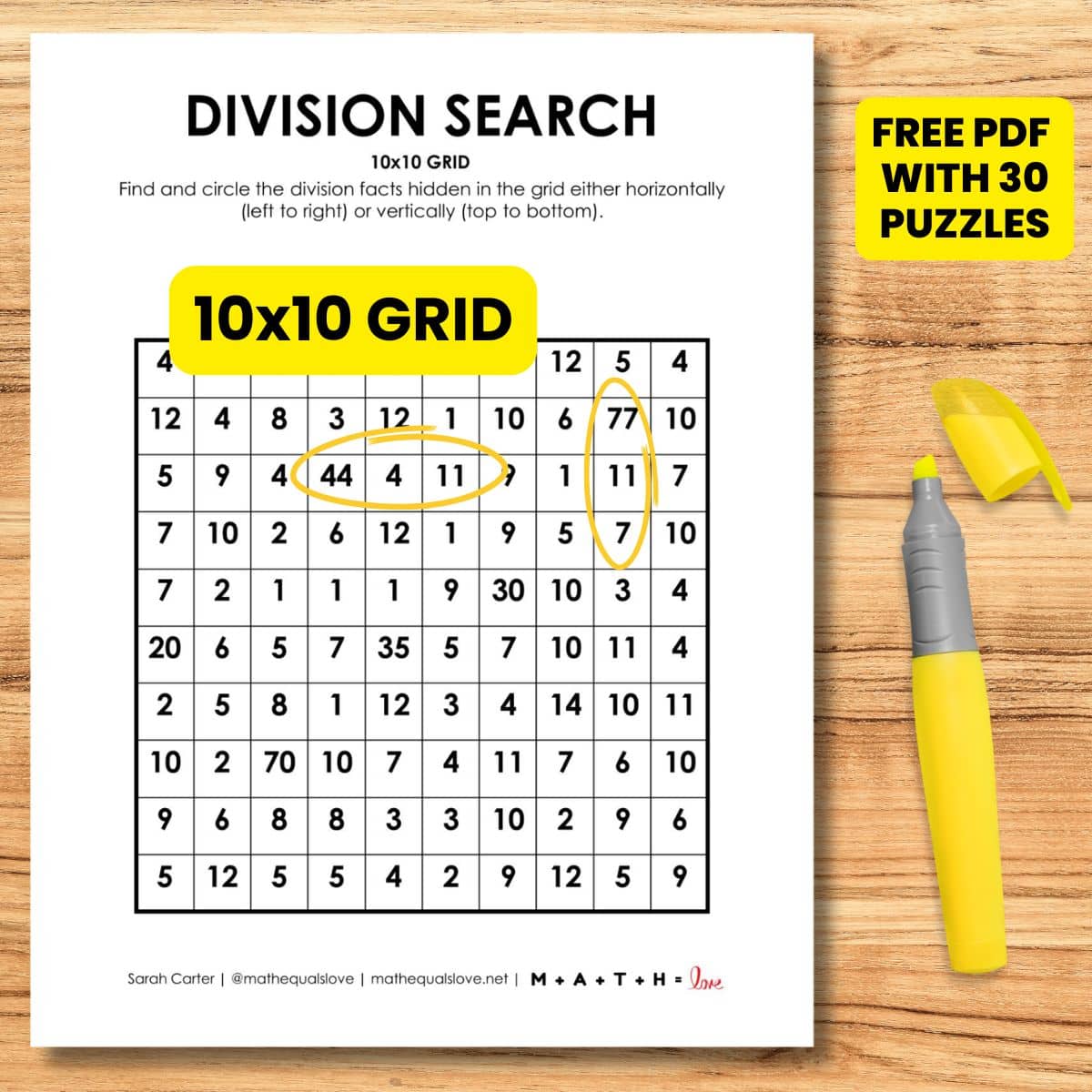 10x10 division search math puzzles.