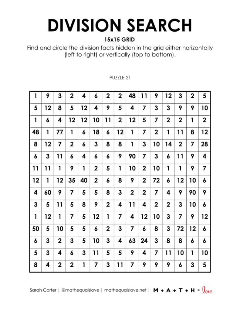 15x15 division search math puzzle worksheet.