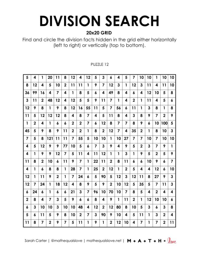 20x20 division search puzzle worksheet.