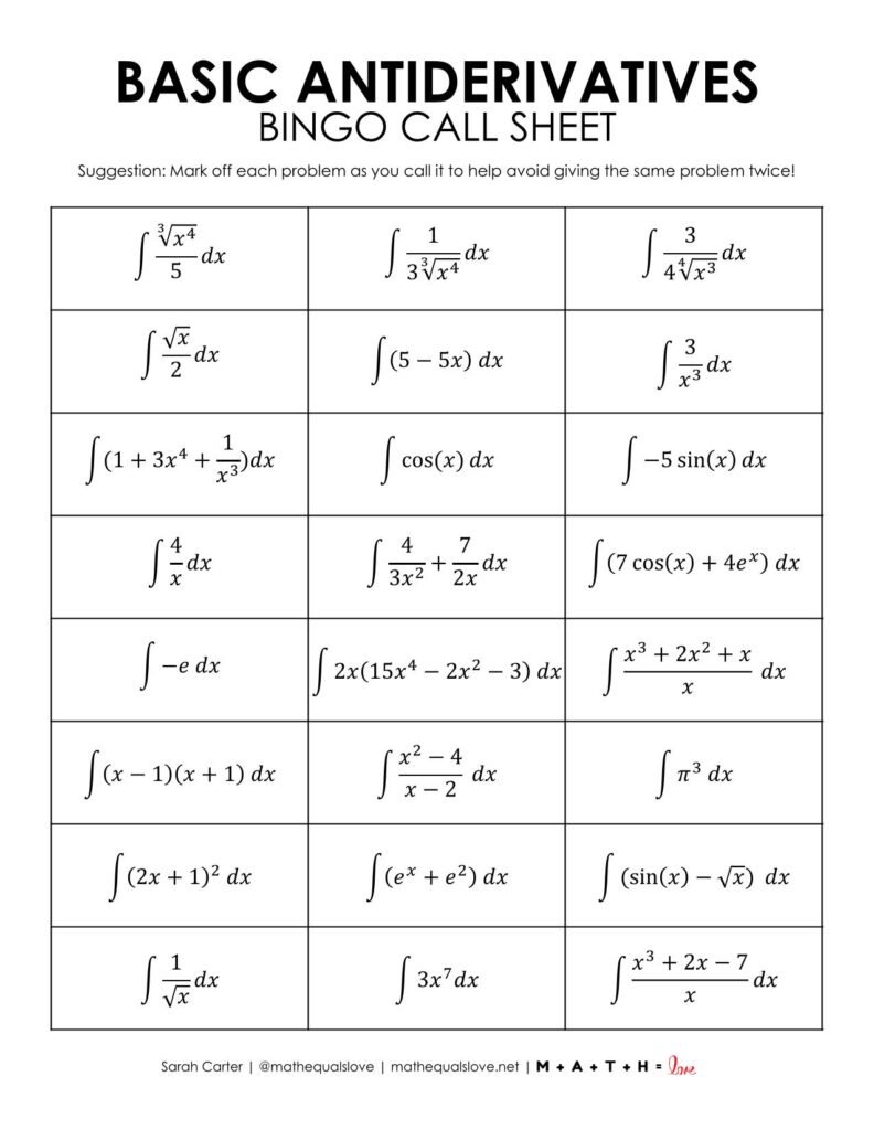 ap calculus game for antiderivatives bingo.