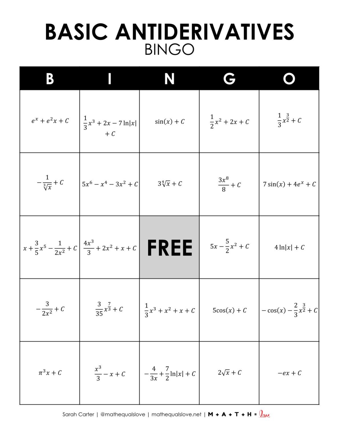 Calculus Antiderivatives Bingo | Math = Love