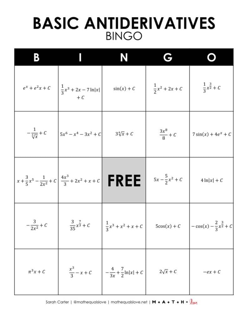 antiderivative calculus bingo with trig integrals.