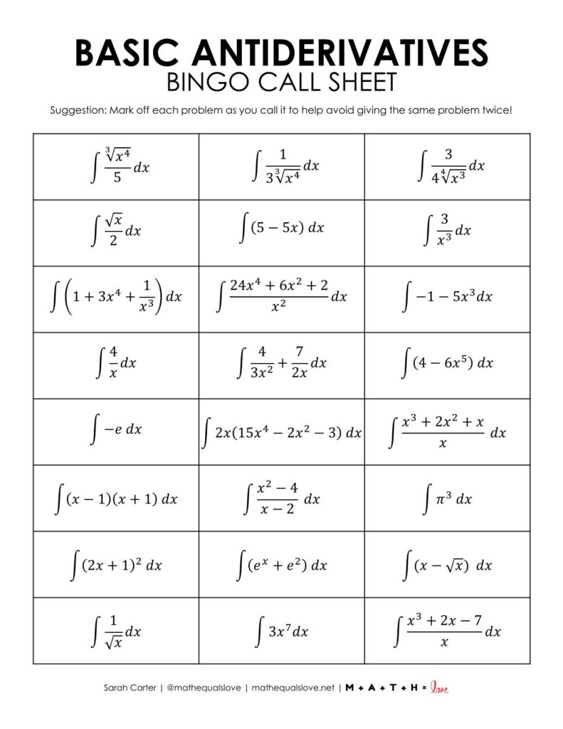 ap calculus antiderivative bingo no trig.