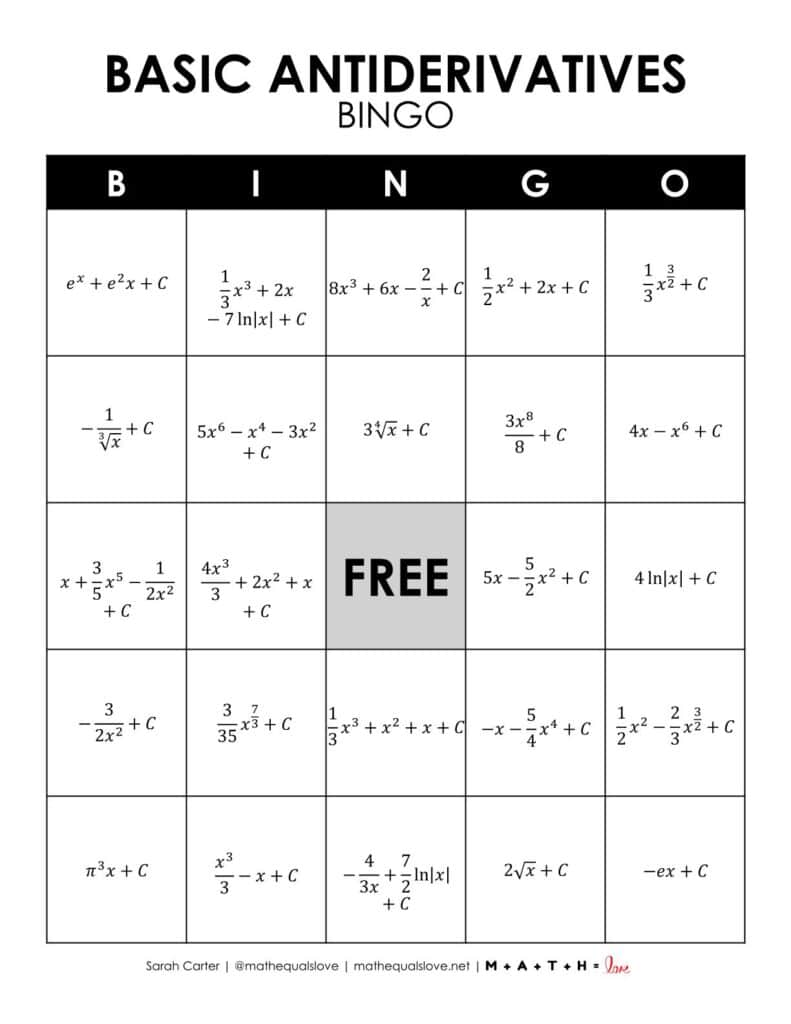 antiderivative calculus bingo for taking integrals - no trig version.