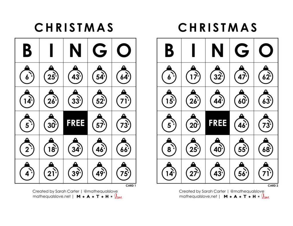 christmas bingo cards free printable pdf with ornaments.