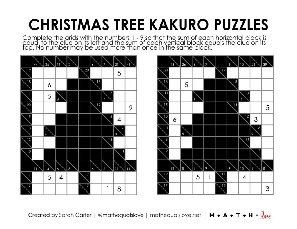 christmas tree kakuro puzzle worksheet.