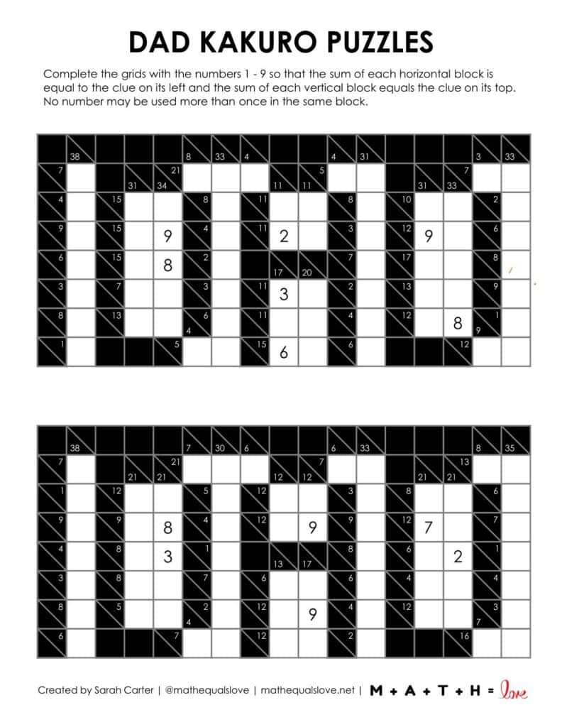 dad kakuro logic puzzle for father's day.