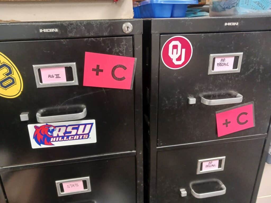 plus c decorations on filing cabinet.