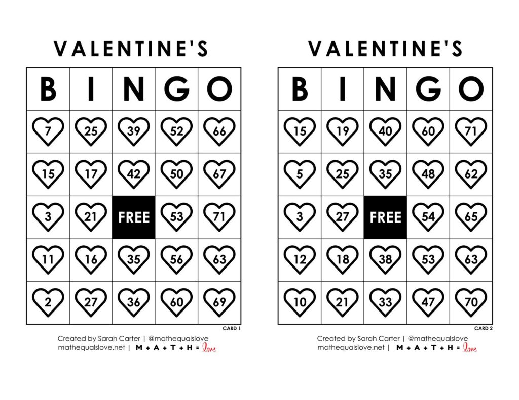 valentine's day free printable bingo cards with heart design.