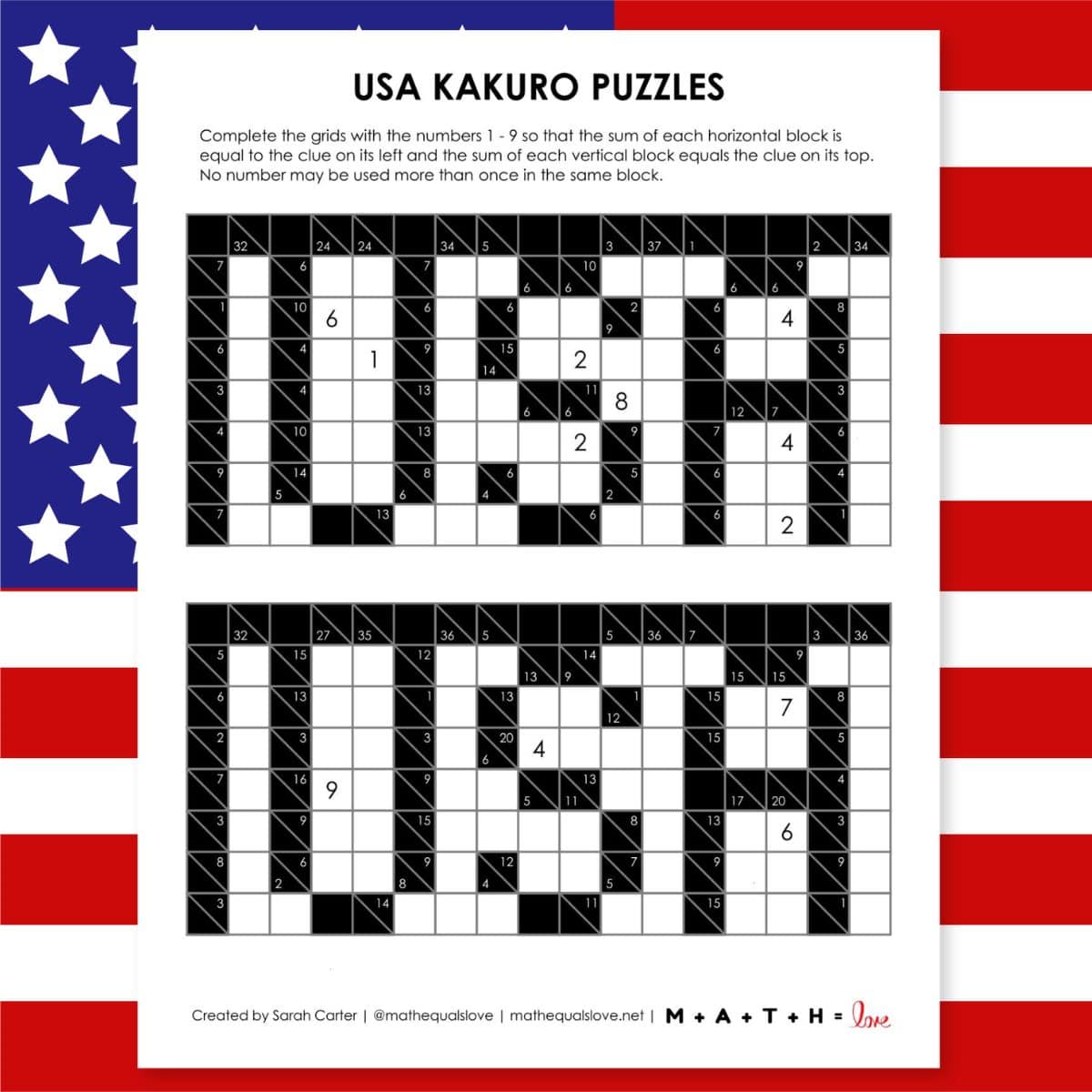 usa kakuro puzzles free printable pdf for independence day.