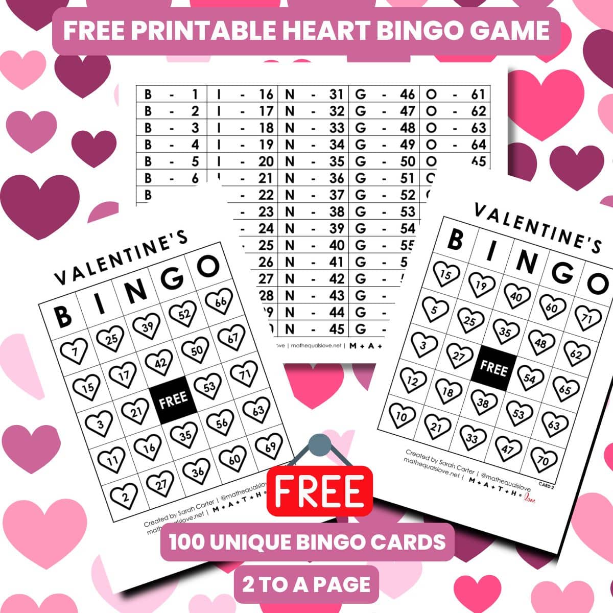 valentine's day bingo cards free printable pdf with heart shapes on cards.