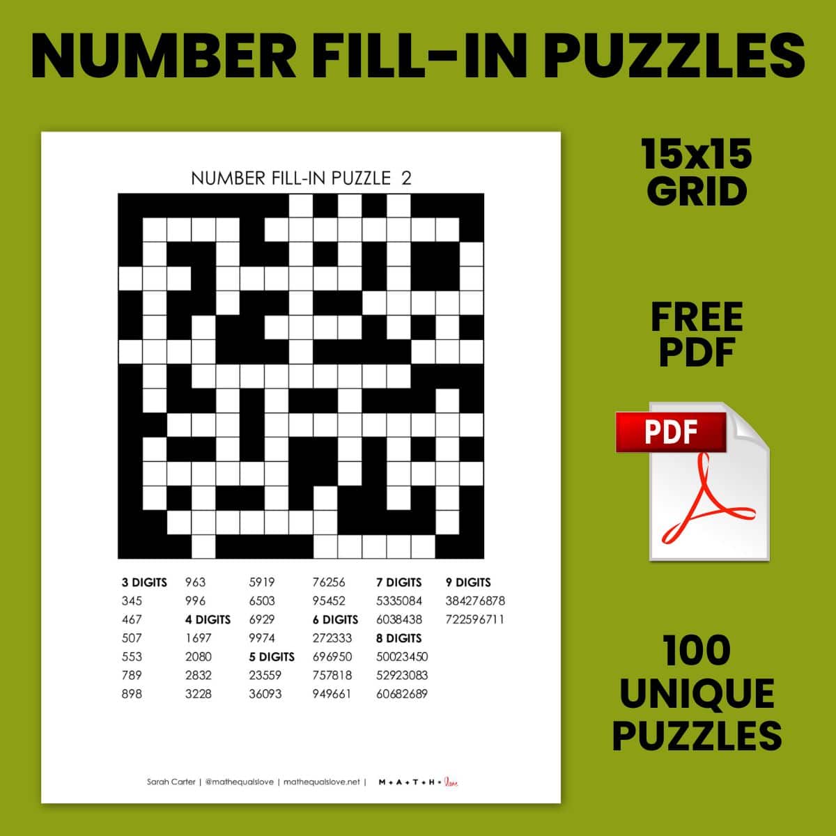 number fill-in puzzles free printable pdf on 15x15 grid.