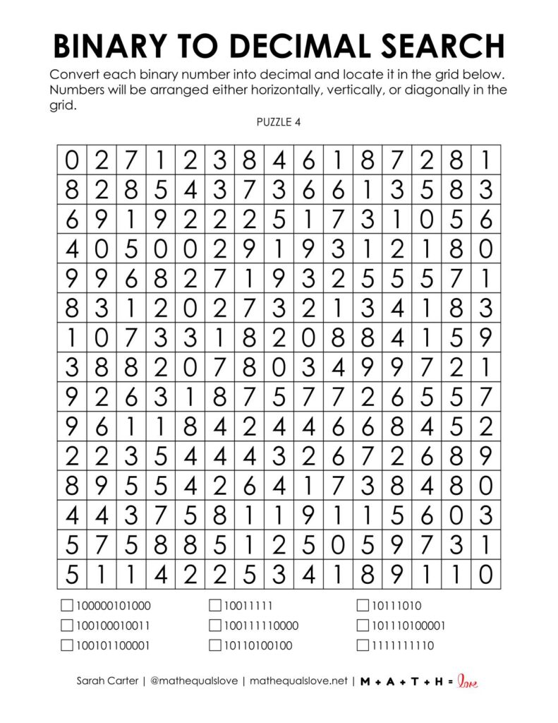 screenshot of converting binary numbers to decimal numbers search puzzle worksheet.