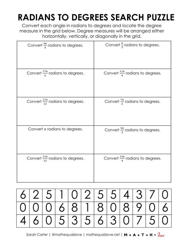 converting between radians and degrees worksheet with search puzzle.