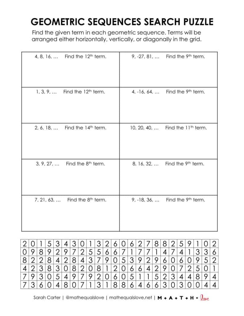 screenshot of geometric sequences search puzzle worksheet pdf.