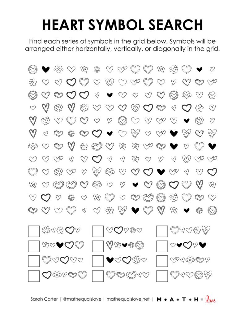 screenshot of heart symbol search valentine's day puzzle.