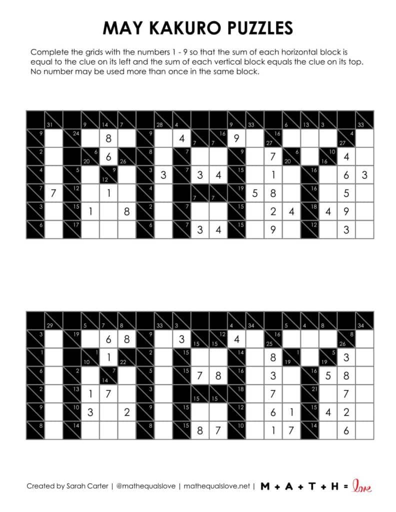 screenshot of may kakuro puzzles.