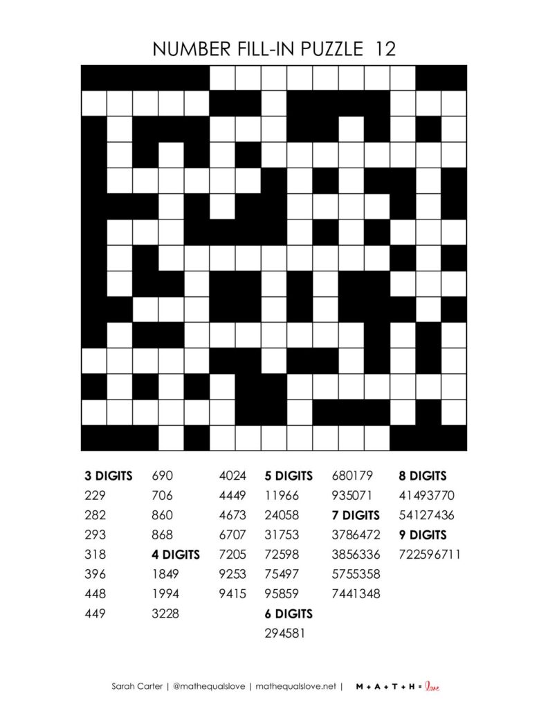 screenshot of number fill-in puzzle on 15x15 grid.