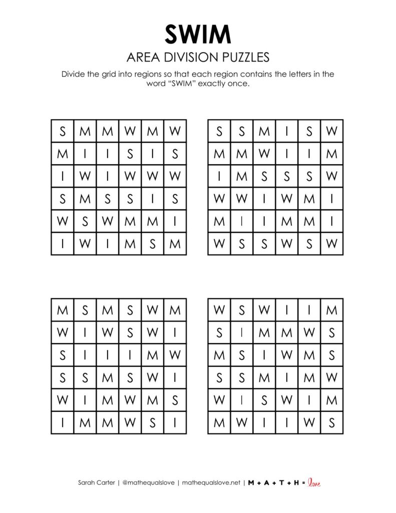 swim area division puzzles - page 1.