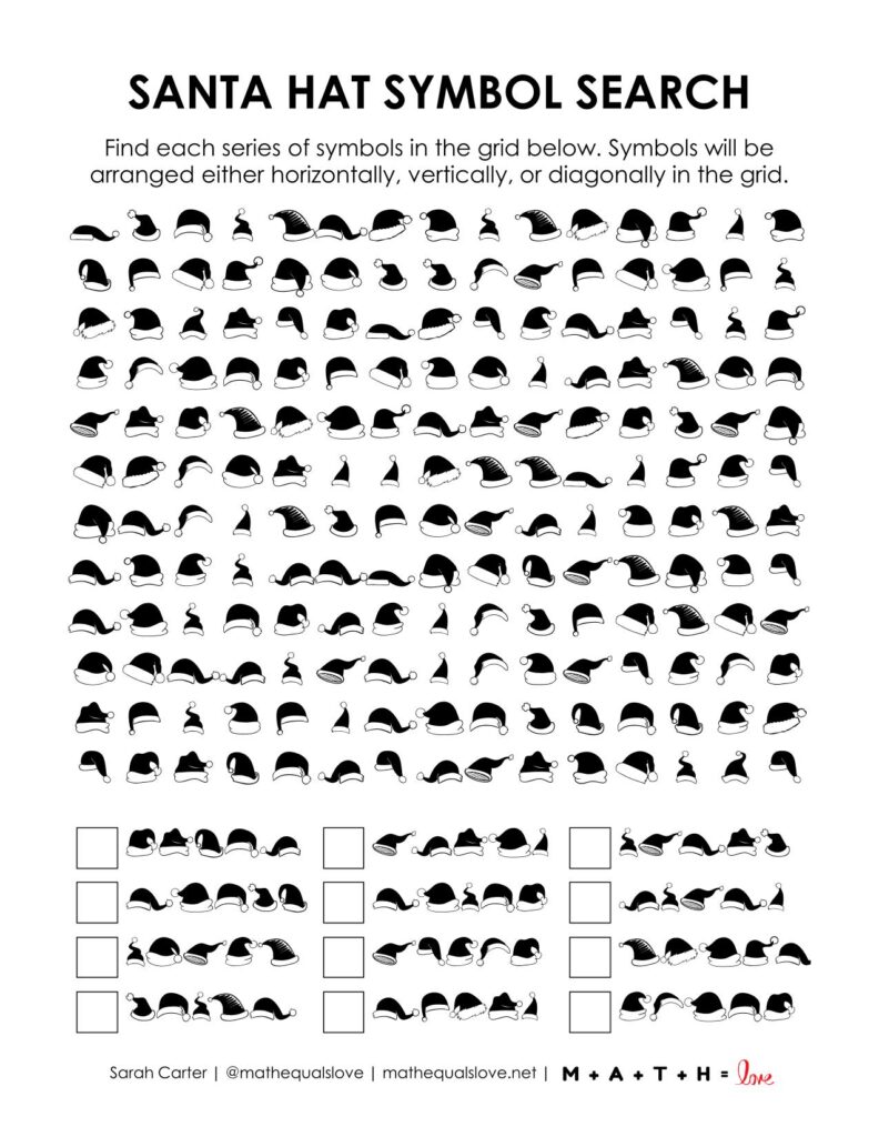 screenshot of christmas santa hat symbol search puzzle.
