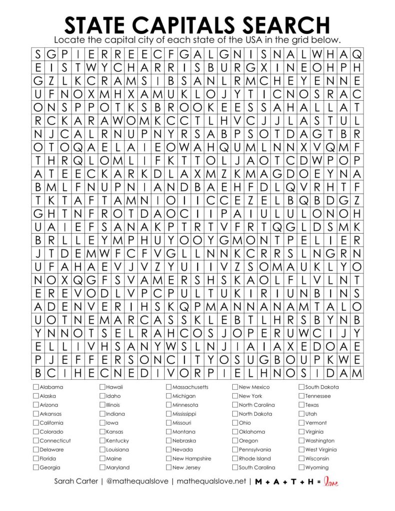 us state capital cities word search puzzle free printable pdf.