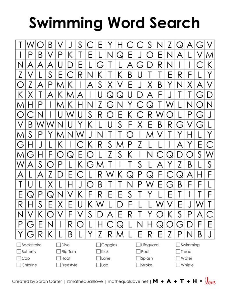screenshot of swimming word search puzzle.