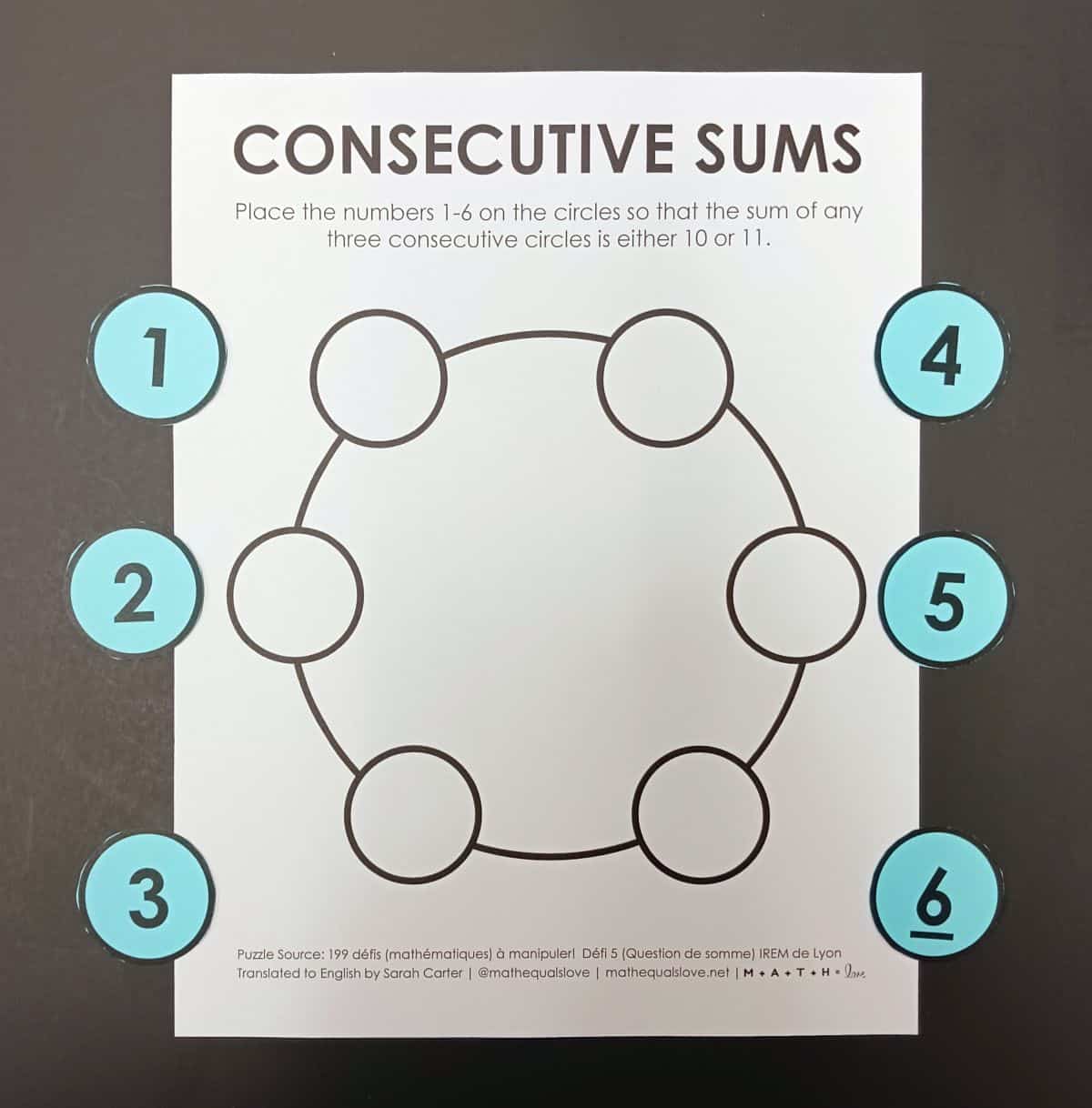 consecutive sums logic puzzle - free printable pdf.