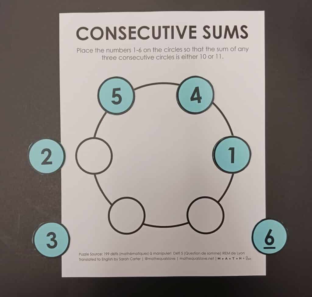 partially solved consecutive sums logic puzzle.