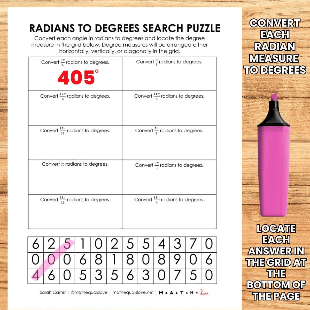 converting radians to degrees worksheet with search puzzle.