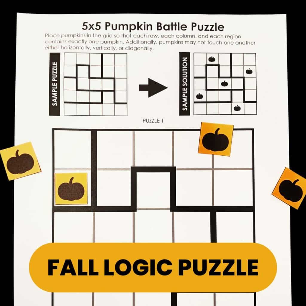 pumpkin battle logic puzzle for fall. free printable pdf.