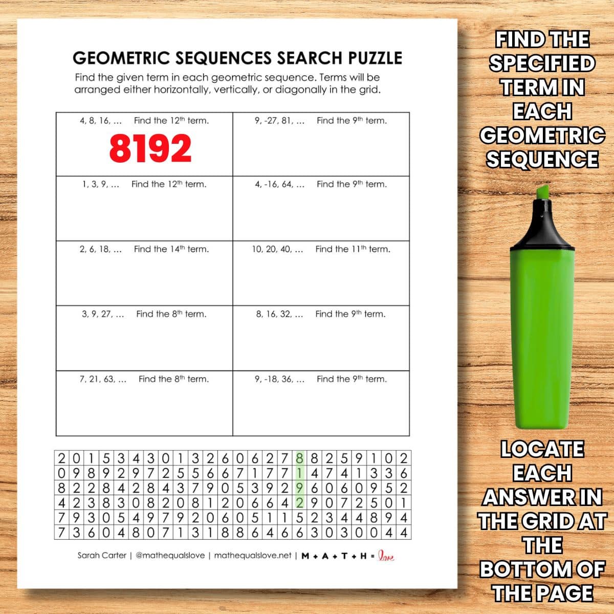 geometric sequence search puzzle worksheet for algebra.